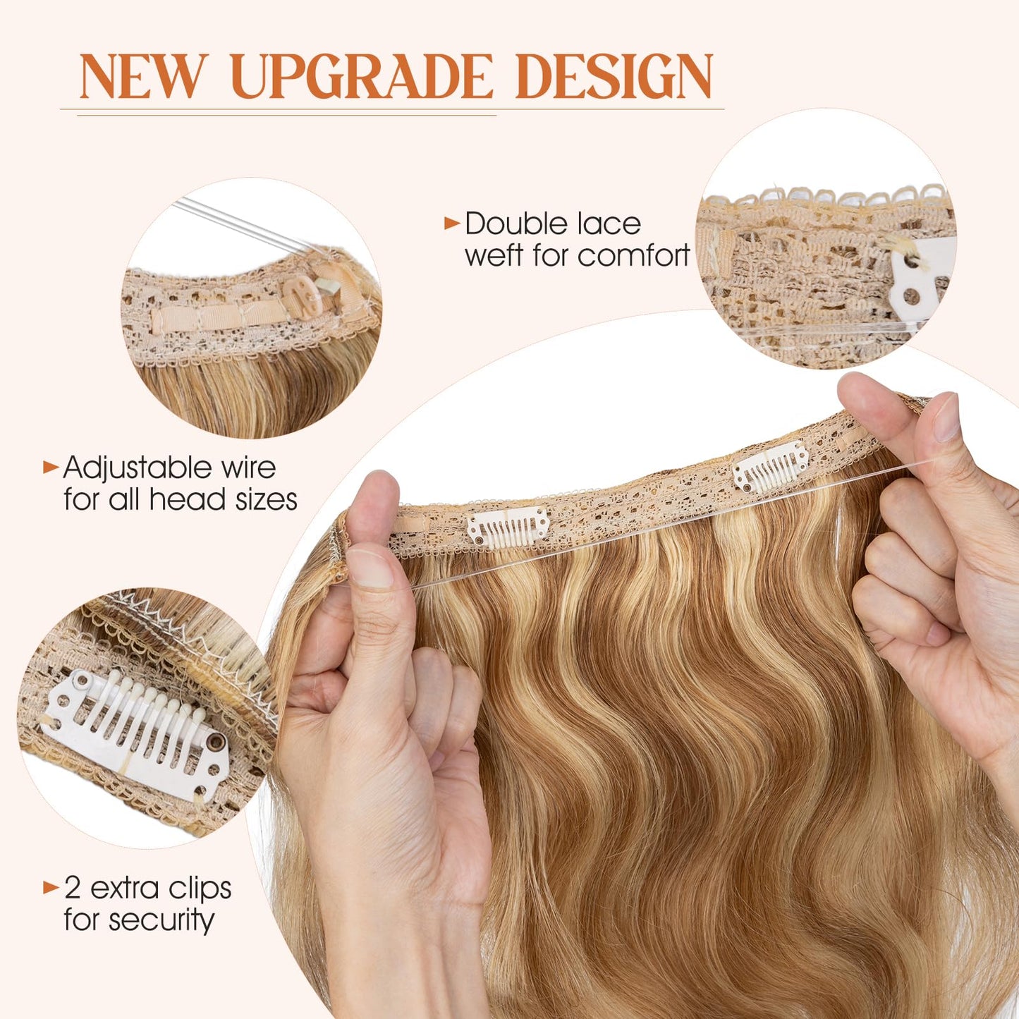 S-noilite Wavy Halo Hair Extensions Real Human Hair,18Inch Invisible Wire Hair Extensions,2 Clips Halo Extensions for Women(Gold