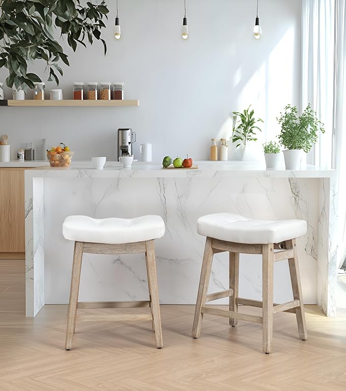 RNKSFX Counter Height Bar Stools Set of 4 for Kitchen Counter, Wooden Backless Island Barstools Farmhouse Modern Short Stools No Back with Faux Leather Saddle Seat 24 inch Counter Top Chairs, White