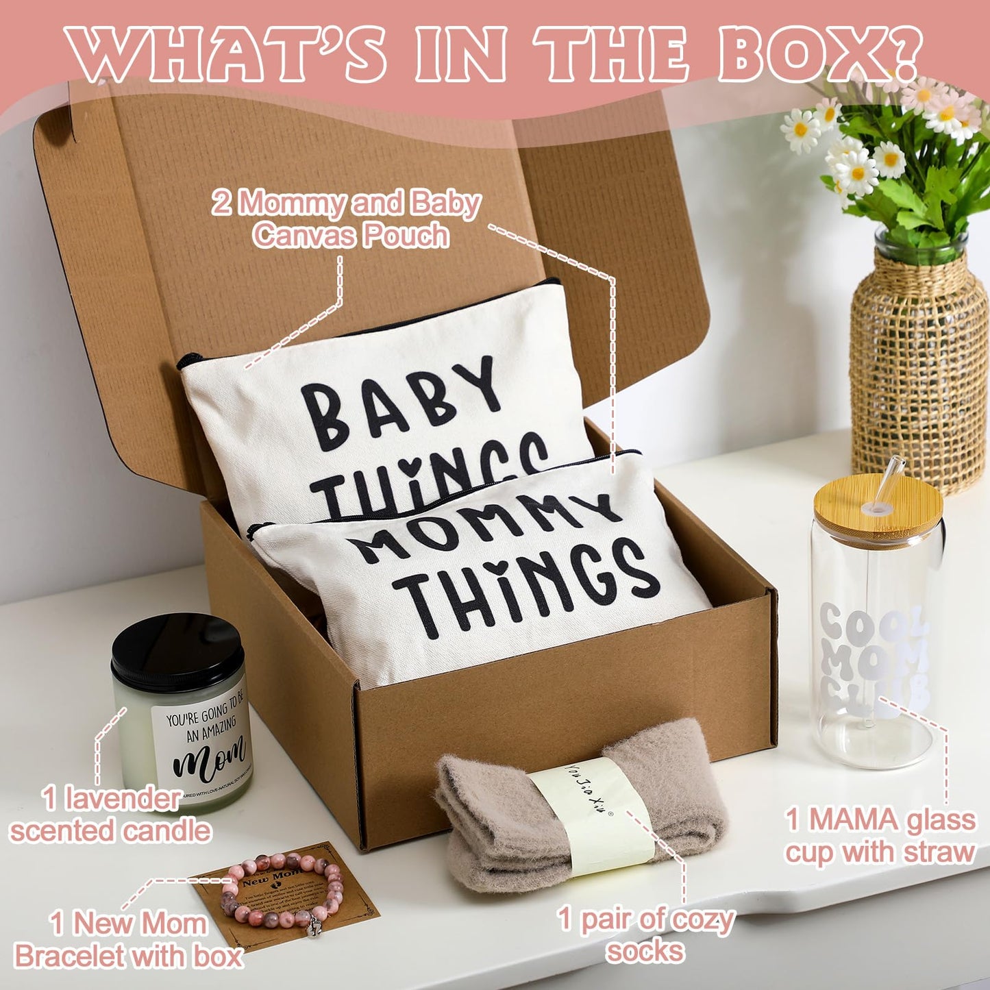 Maxdot 8 Piece New Mom Care Package Box After Birth New Mom Gifts for Pregnancy Postpartum Women Baby Shower Gifts Basket for Expecting Parents to Be First Time Mothers Day Birthday Party Favor