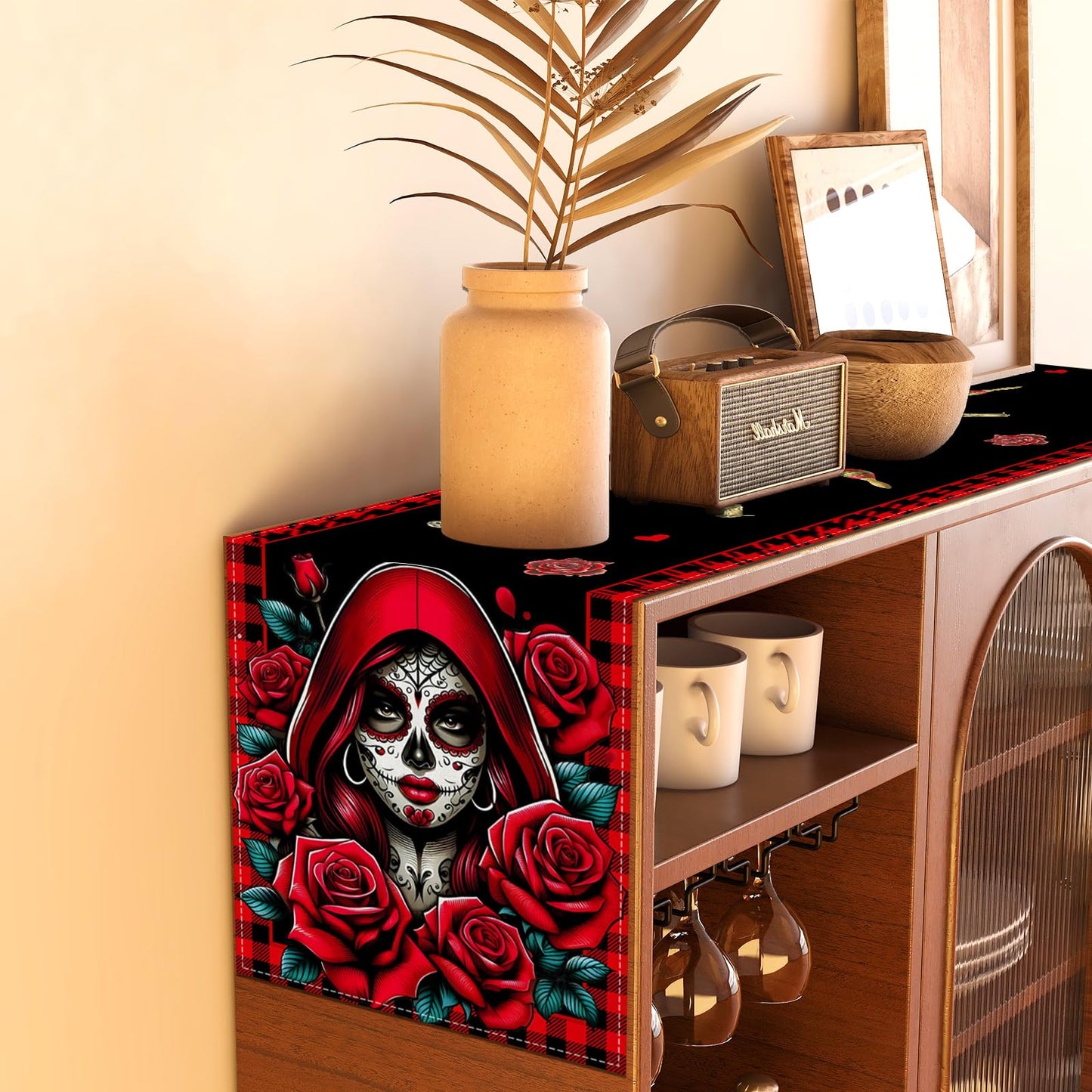 Day of The Dead Table Runner Dia De Los Muertos Tablecloth Sugar Skull Roses Mexican Fiesta Halloween Party Decoration and Supplies for Home Kitchen Table-13×72''