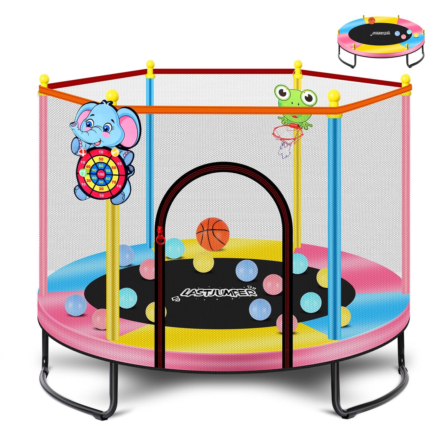 LASTJUMPER 60" Pink Indoor Trampoline for Kids 2-5, 5ft Mini Indoor & Outdoor Small Toddler Trampoline with Basketball Hoop, Dart Board, Ocean Ball,Baby Toys, Birthday Gifts for Kids