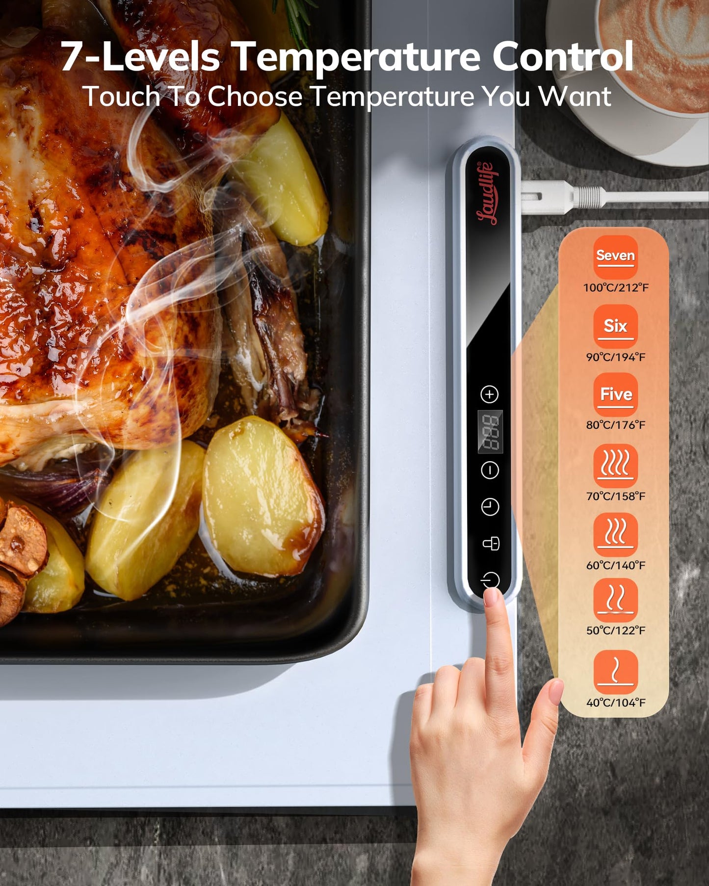 Laudlife Electric Warming Mat for Food, Roll-Up Silicone Heating Pad with 7 Adjustable Tempmaster Levels, Foldable Warming Tray for Countertop,Buffet Party, Kitchen & Home, Child Lock, Light Blue