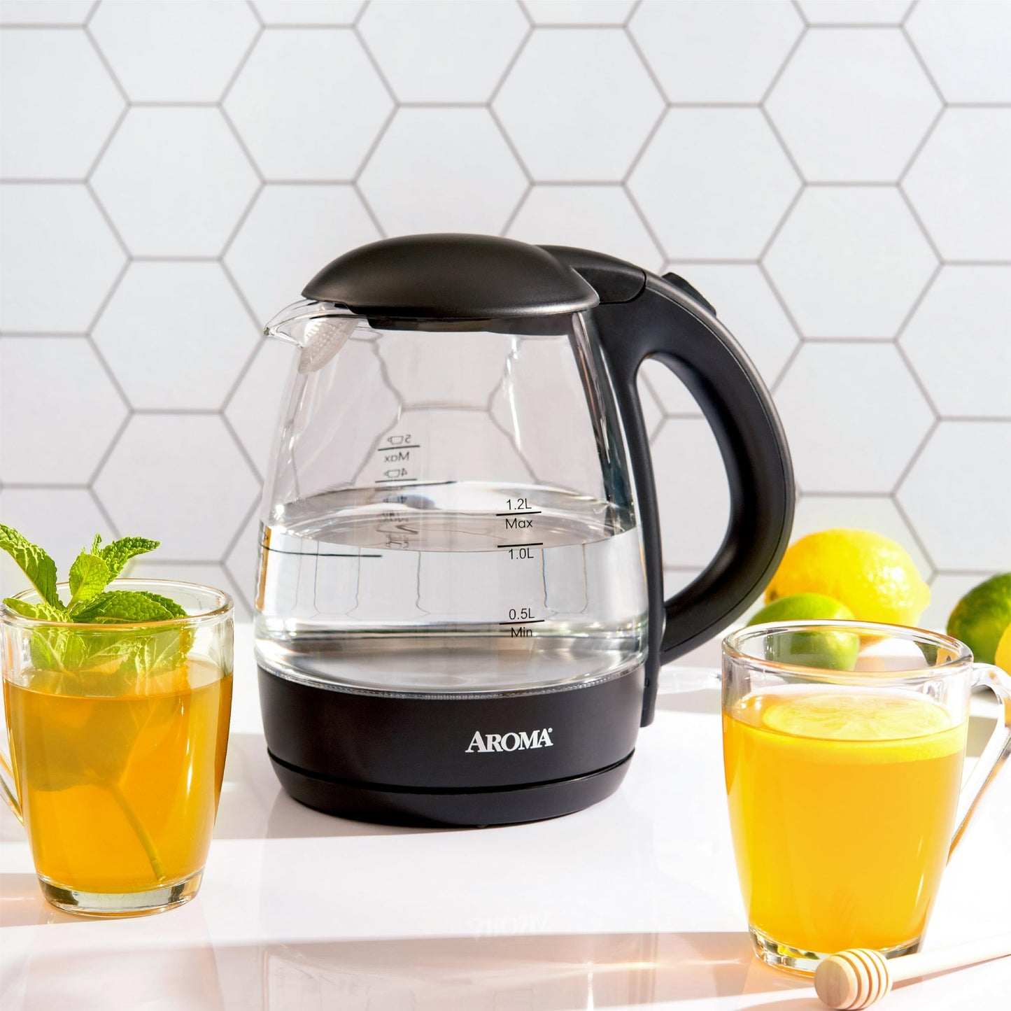 AROMA® 1.2L / 5-Cup Glass Electric Kettle with Cordless Pouring, Trigger-Release Lid, Automatic Shut-off, Black (AWK-151B)