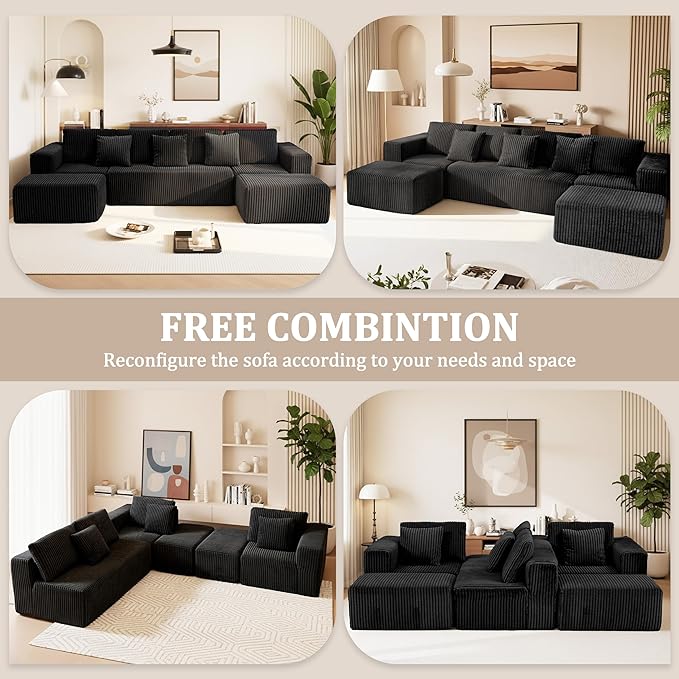SEENYOO 132" U Shaped Modular Sofa, 4-Seater Sectional Cloud Couch with Chaise, Soft Corduroy Boneless for Living Room, No Assembly Required, Free Configuration, Black