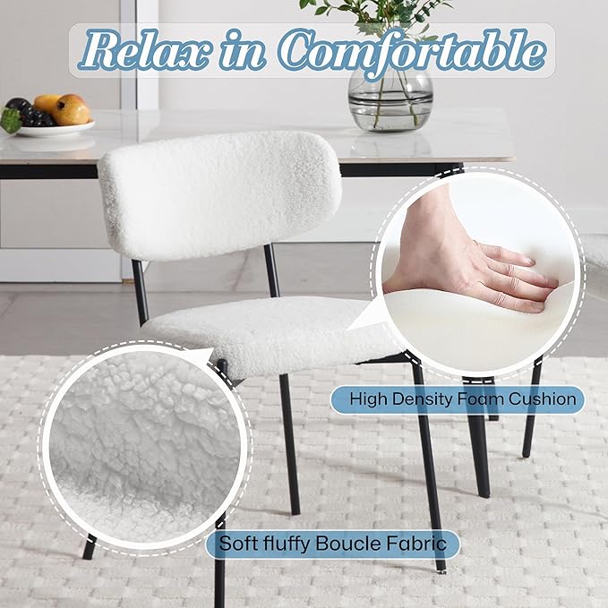 KCC Boucle Dining Chairs Set of 4, Modern Mid-Century Upholstered Stylish Kitchen Chairs Sherpa Accent Diner Chairs with Metal Legs and Curved Back for Kitchen, Dining Room(White)