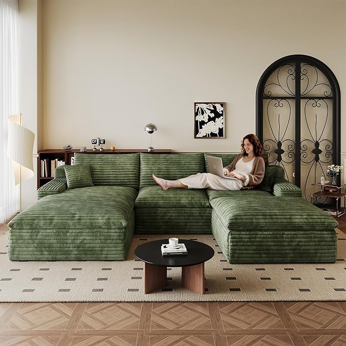 107" Cloud Sectional Couch U-Shaped Chaise with Ottoman, Corduroy Boneless Couch for Living Room Bedroom, Deep-Seat Upholstered Modular Cloud Sofa, No Assembly Required (Green, Left Facing Chaise)