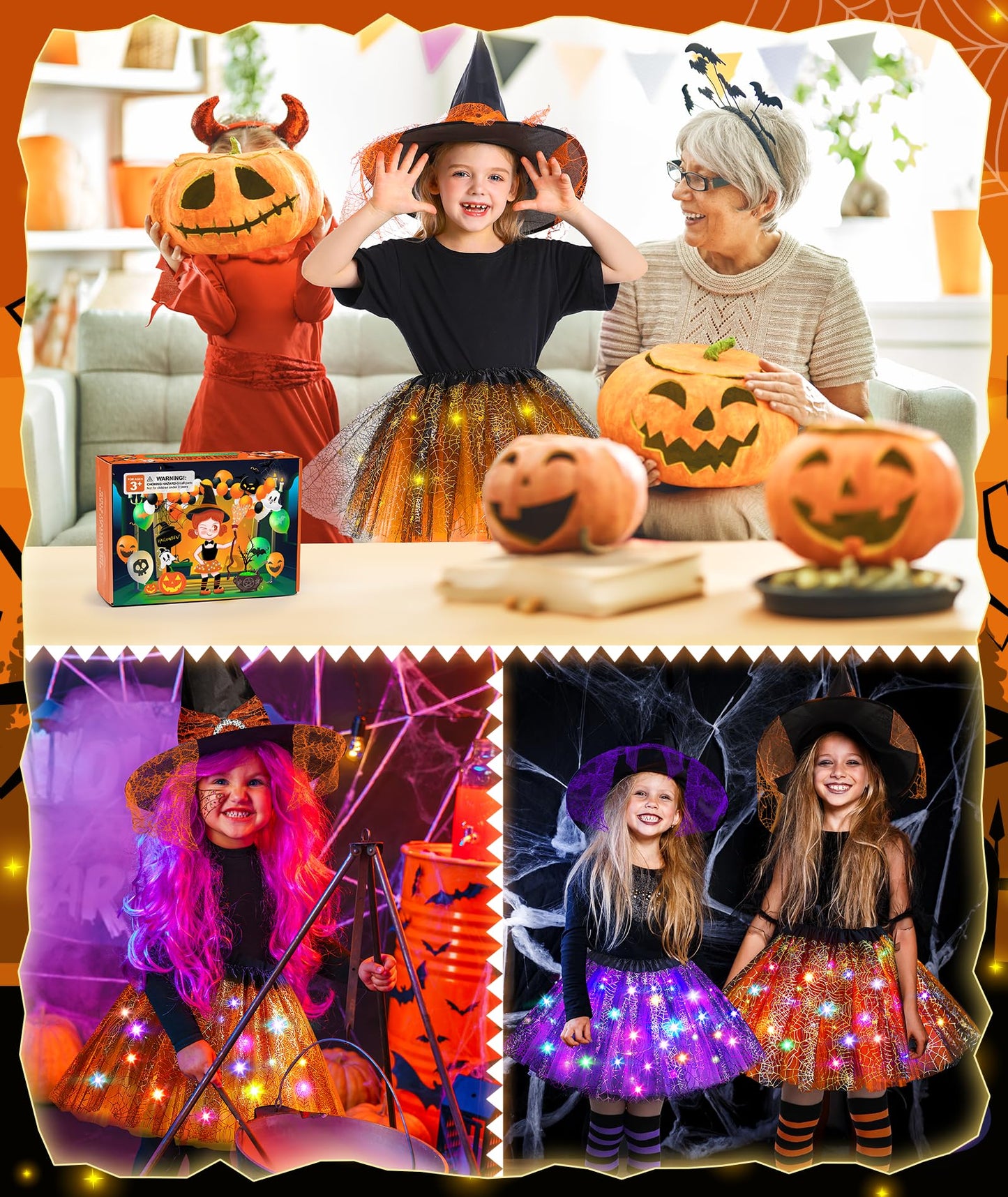 Jeowoqao Girls Halloween Dress up，Light up Witch Costume for Girls, Witch Skirt Broom Hat Treat Bag for Toddler Aged 3 4 5 6