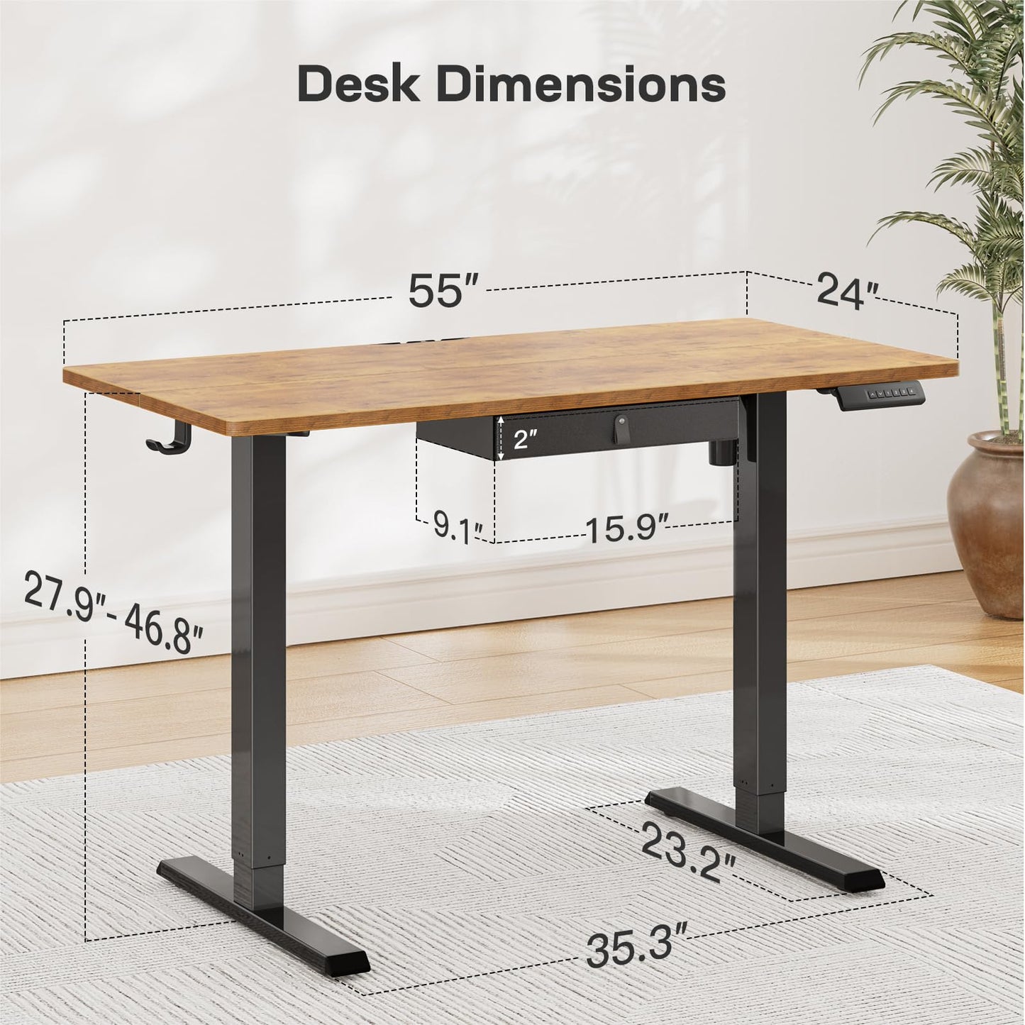 Marsail 55x24 Electric Standing Desk with Drawer, Computer Desk, Sit Stand Office Table with Storage & Hooks & Cable Management, Ergonomic Height Adjustable Table for Home Office, Brown