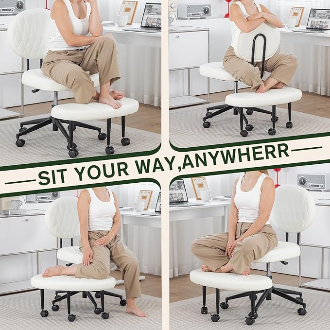 Ergonomic Cross Legged Office Chair with Wheels, Wide Seat and Backrest for Meditation, ADHD Cross Legged Office Chair with Adjustable Height, 360°Rotating Footrest for Yoga Home Office