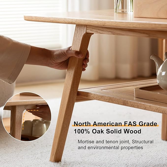 QKFF Modern Solid Wood Coffee Table, 2-Tier Small Wooden Coffee Table with Storage Shelf for Living Room, Apartment, Office, Natural (32''D x 20''W x 18''H)