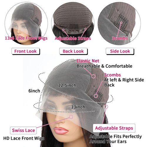 13x6 Deep Wave Lace Front Wigs Human Hair 200 Density HD Transparent Lace Front Wig 24 inch Curly Lace Frontal Wigs for Women Pre Plucked Natural Black
