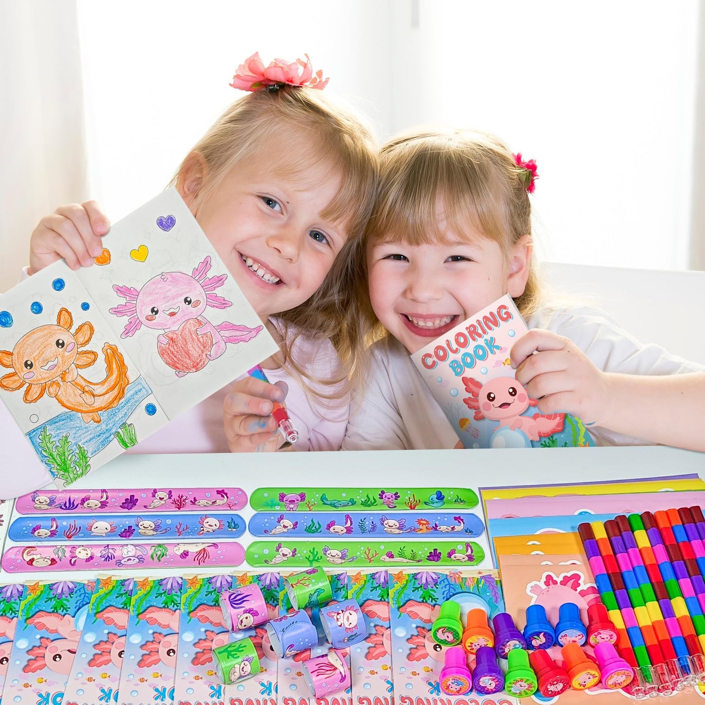 Cinrobiye 72 PCS Axolotl Party Favors Activity Set，Axolotl Coloring Books with Crayons Sticker Slap Bracelets Stampers，Amphibian Birthday Party Classroom Rewards Craft Goodie Bag Fillers Birthday
