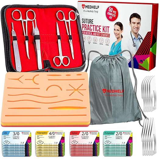 MedHelp 50 PCS Practice Suture Kit for Medical Students - Complete Suture Practice Kit for Surgical Training: Large Silico...