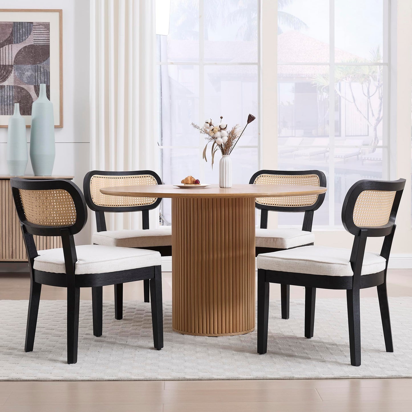 BESTANO Rattan Dining Chairs Set of 4 Beige Linen Rustic Modern Dining Room Chairs with Cane Backrests