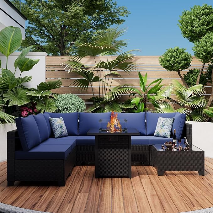 Ophelian 8 Piece Patio Furniture Set with Fire Pit Table, Wicker Outdoor Sectional Furniture, Outside Rattan Patio Couch Sets for Backyard, Garden, Deck (Brown/Blue)
