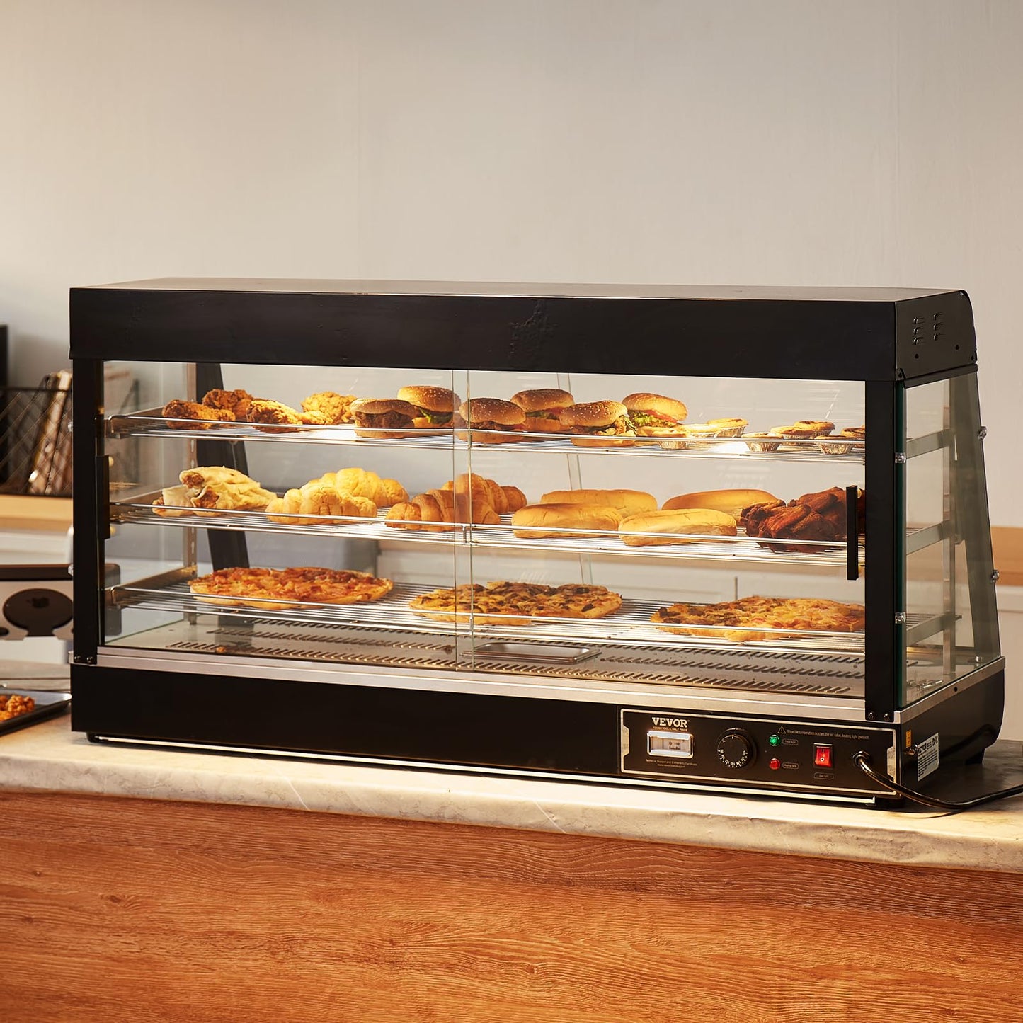 VEVOR 3-Tier Commercial Food Warmer Display, 1500W Food Display Warmer with Light, Adjustable Shelf and Temperature Display, 86℉~185℉ Steam Heating, 180L for Hamburger, Pizza, Bread, Fried Chicken