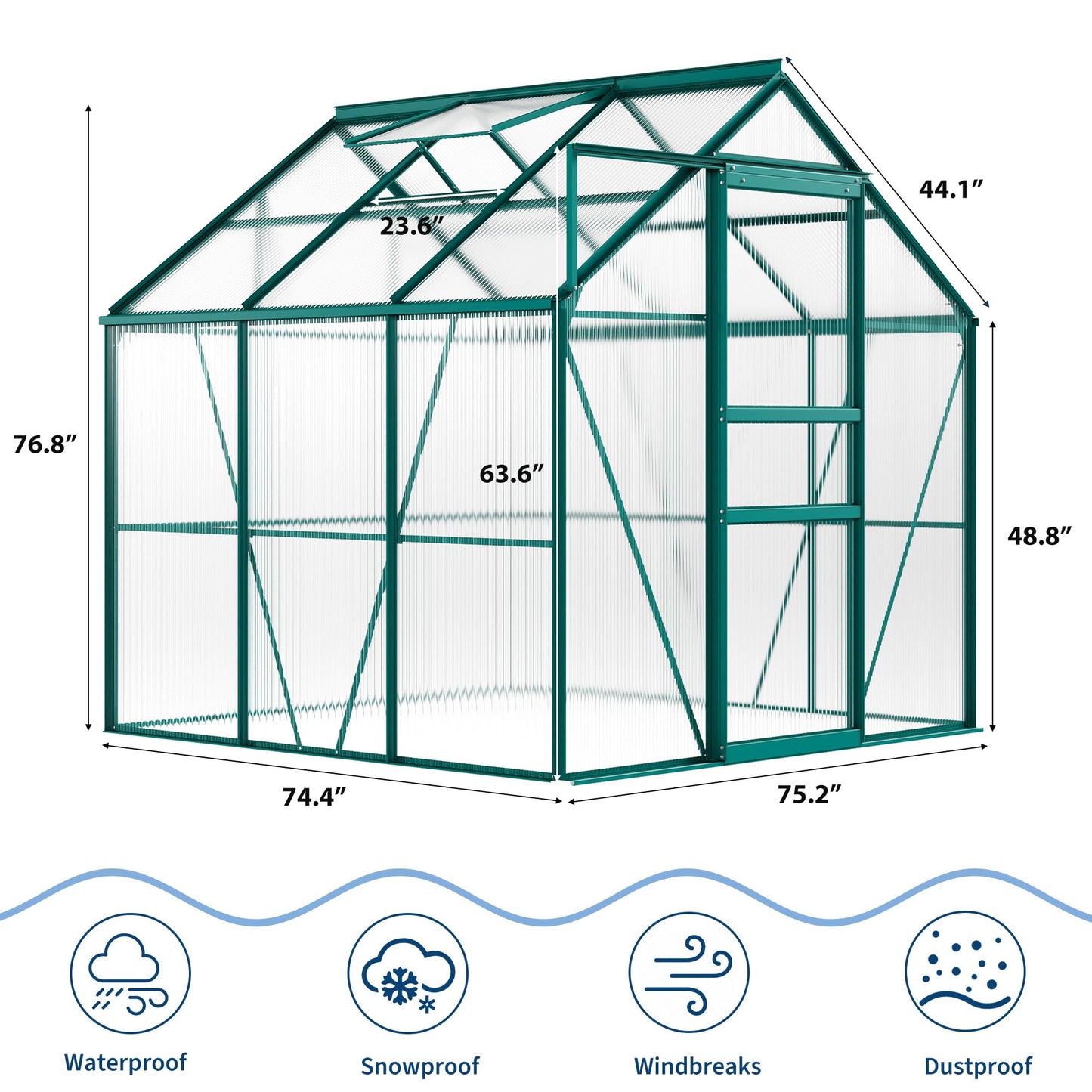 CABIHOME 6 x 6 FT Greenhouses for Outside, Polycarbonate Greenhouse with Aluminum Frame, Sliding Door, Adjustable Roof Vent, Backyard Green Houses, Patio Garden, Black (Green, 6x6 FT)