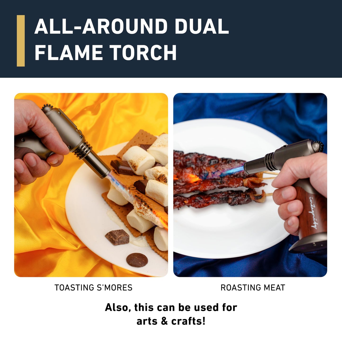 Dual Flame Butane Torch - Refillable Handheld Blow Torch for Cooking, Soldering, & Resin Art w/Adjustable Flame & Ignition Lock - Kitchen Blow Torch & Luxurious Gift Box by inZaynity - Brown Steel
