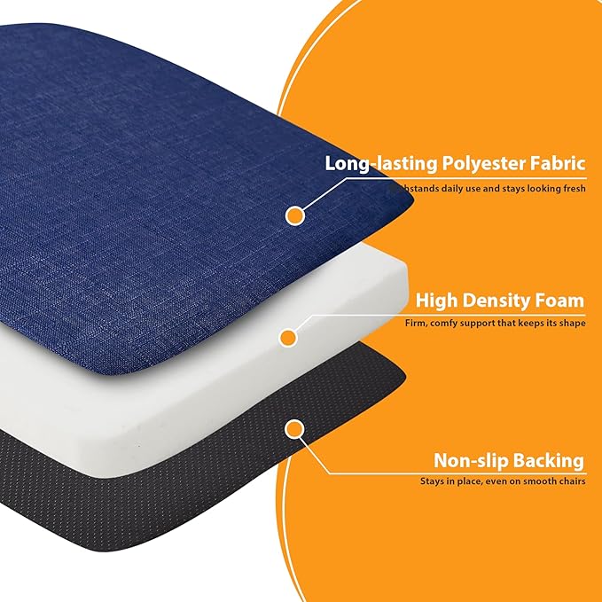 Ruqmuis Chair Cushions for Dining Chairs, 2" Thick Seat Cushions for Kitchen Chairs, D-Shaped Chair Pads with Washable Cover, Ties and Non Slip Backing, 17'' x 16'', Set of 6, Blue