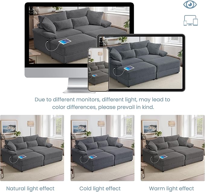 SUNWAVE 74" W Double Chaise Lounge Chair Indoor, Oversized Loveseat with Storage Ottoman, Corduroy Couch with USB Charging, Removable Ottoman, and Coffee Table Cushions for Living Room Bedroom