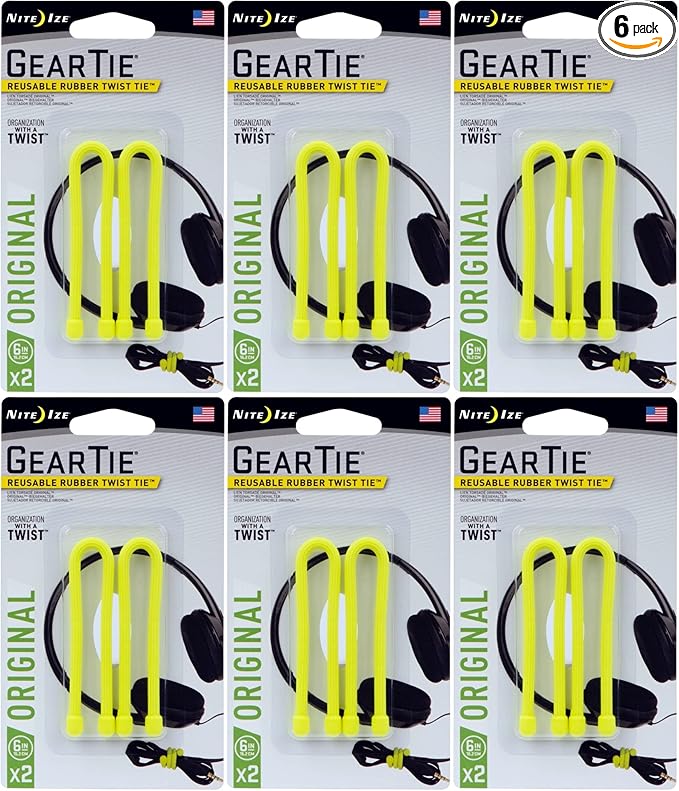 Nite Ize 2-Pack Gear Tie Reusable Rubber Twist Tie, 6" - Neon Yellow (6-Pack)