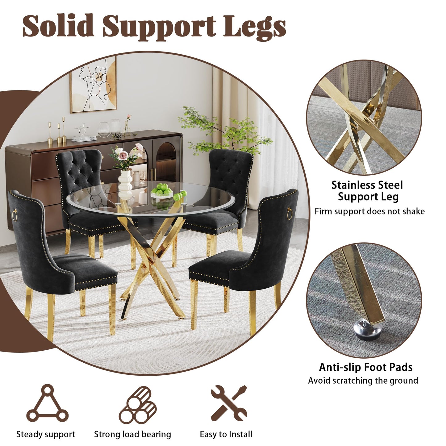 AMHDDT Round Glass Dining Table Set for 4, Modern 36" Clear Tempered Glass Kitchen Table with Gold Crossed Legs and 4 Black Velvet Upholstered Chairs, for Dining Room, Living Room, Apartment