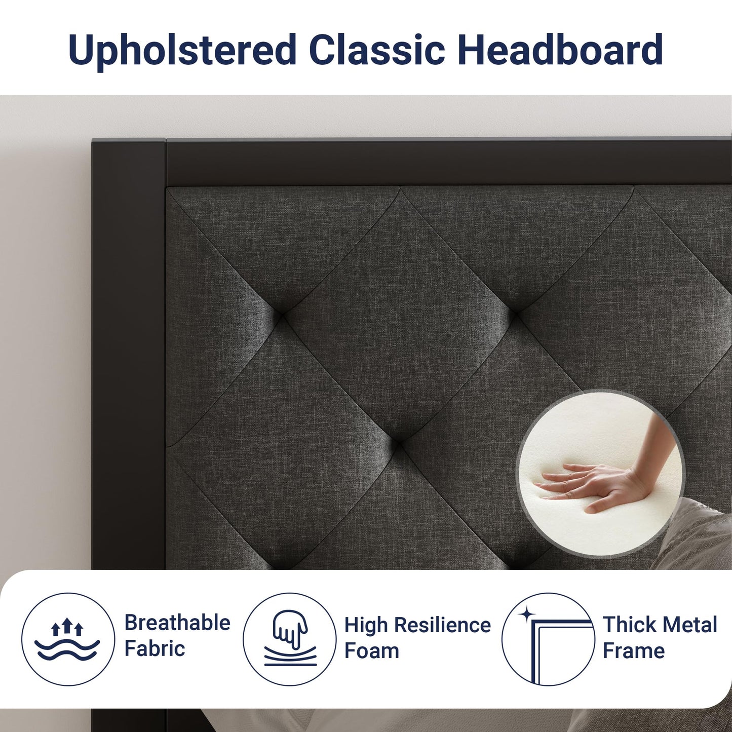Allewie Twin Bed Frame with Upholstered Headboard, Chic Diamond Stitched Tufted Design, No Box Spring Needed, Dark Grey