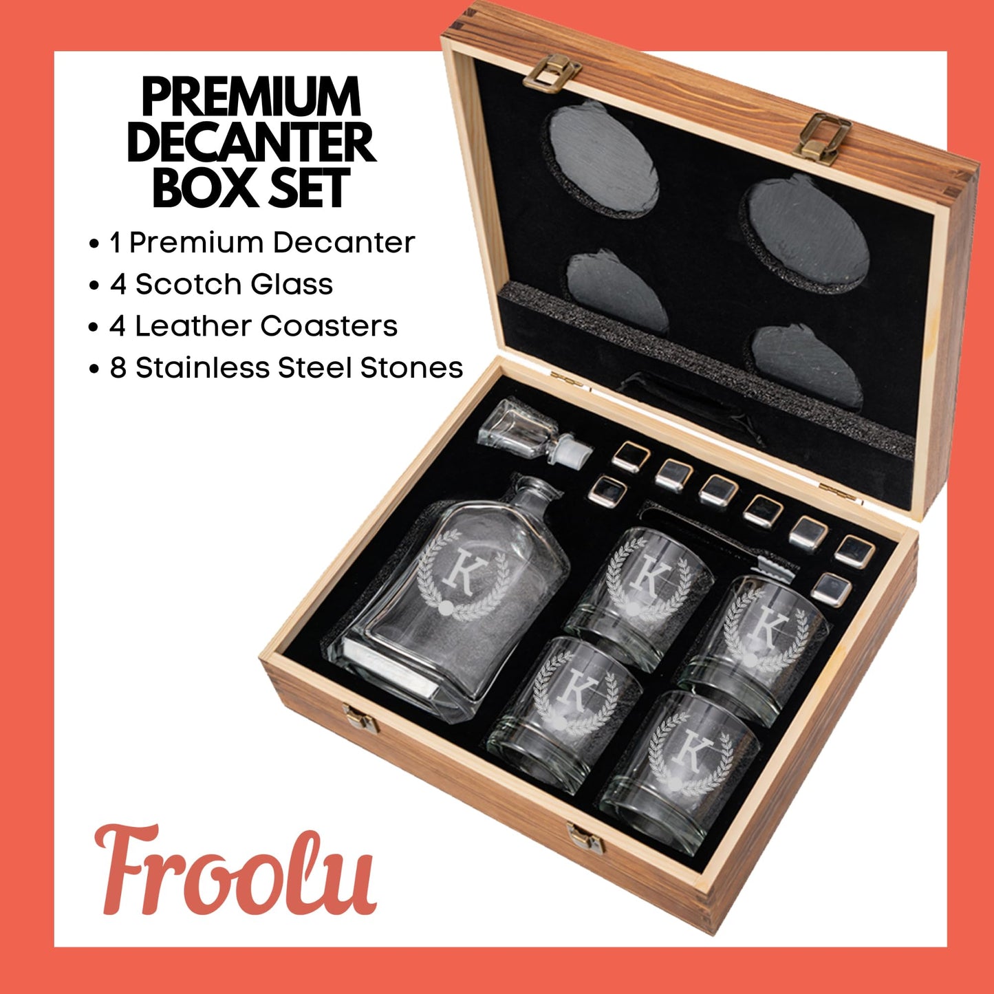 Engraved Liquor Whiskey Decanter Set with Scotch Glasses for Men - 9 Design Options - Personalized Gift Set for Him, Dad - Premium Set Includes Whiskey Stones - Christmas, Valentines - by Froolu