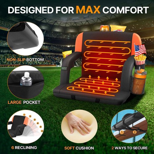 HOPERAN 25" Dual-Sided Heated Stadium Seats for Bleachers with Back Support, 3 Levels Heating Bleacher Seats with Backs and Cushion Wide, 5 Pockets Portable Stadium Chair for Outdoor Games Sports