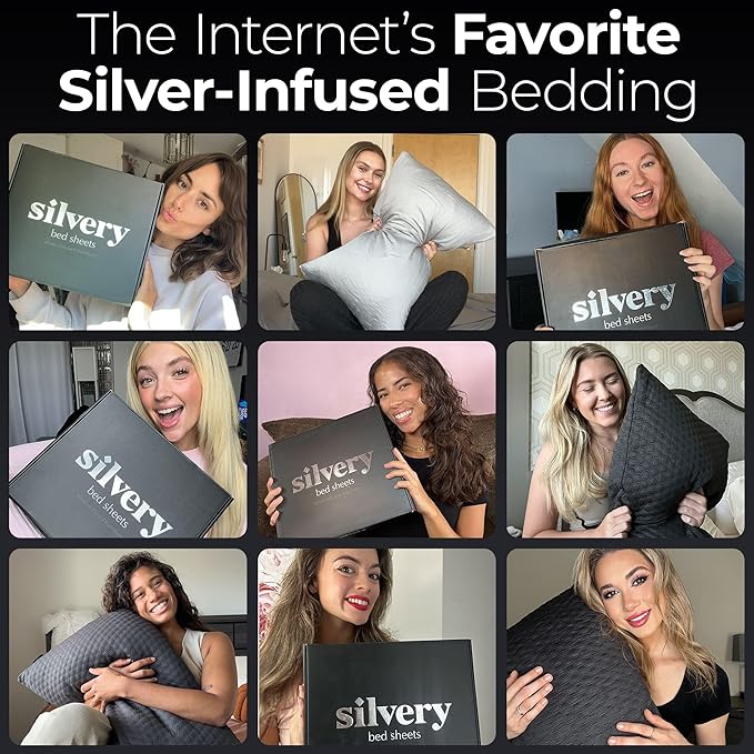 Silvery Silver-Infused Grounding Bed Sheets - Silky-Soft Earthing Fitted Sheet with Grounding Cable & Guide - 90% Lyocell 10% Conductive Silver for Better Sleep & Natural Recovery (California King)