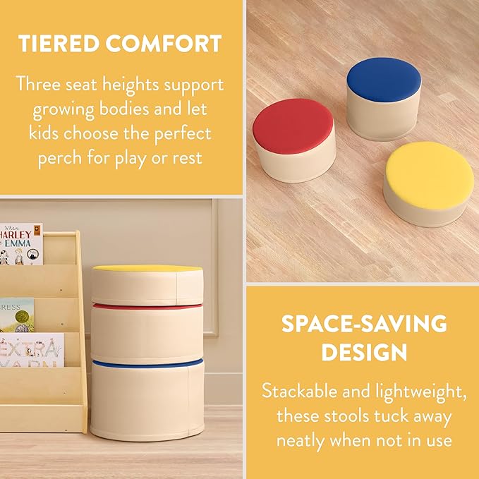 Back2School Express Round Two-Tone Ottomans, Flexible Seating, Assorted, 3-Piece