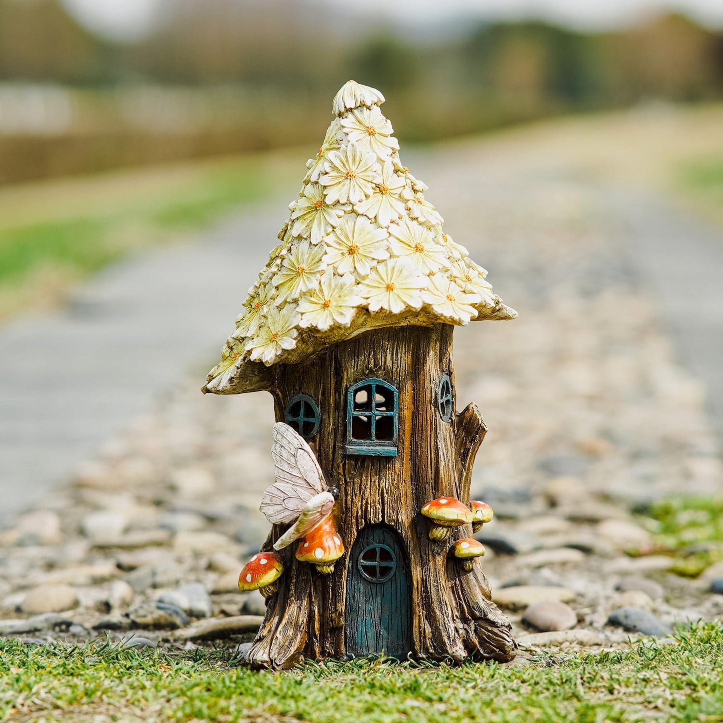 Resin Fairy House Statue Garden Flower Solar Powered Garden Statue Fairy House for Outdoor Decor,Yellow Wild Chrysanthemum