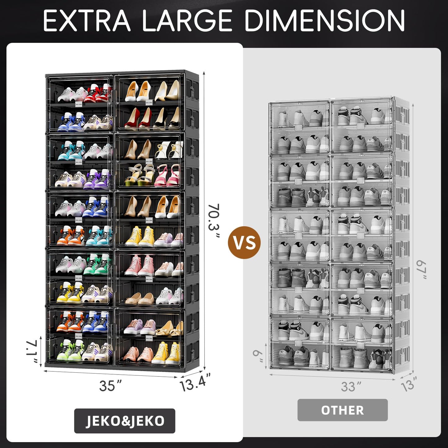 JEKO&JEKO 10 Tiers Foldable Shoe Rack Organizer Cabinet for Closet Entryway, Large Collapsible Shoe Storage Box with Magnetic Doors Fits Up to 40 Pairs (Black)