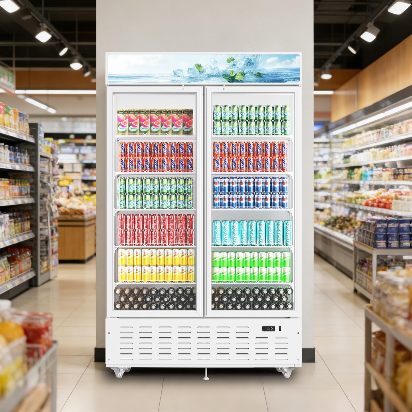 Frostvale 41 Cu.Ft Commercial Display Refrigerator, White 2 Glass Door Beverage Cooler with Lighted Header, ETL Upright Merchandiser Fridge for Drinks, Soda, Beer, Restaurant, Store