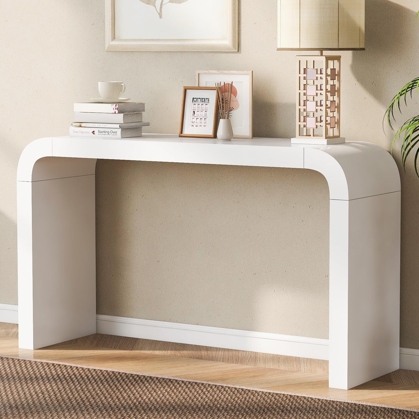 BSYEIO 52" Curved Console Table for Entryway Modern Long and Narrow Foyer Table Behind Couch for Corridor Living Room Wood (White)