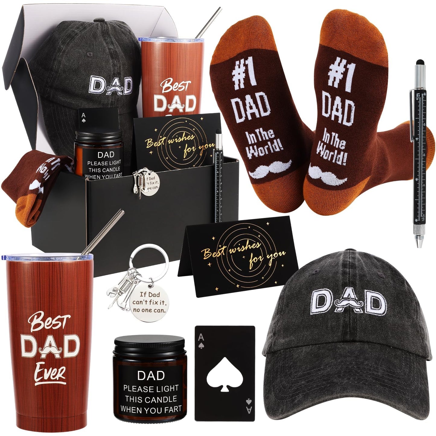 Kolewo4ever 9 Pieces Dad Gift Set Best Dad Gifts for Father, Men with Tumbler Mens Socks Mens Baseball Cap Key Chain Card for Men Father Papa Gifts from Son Daughter Kids (Brown)