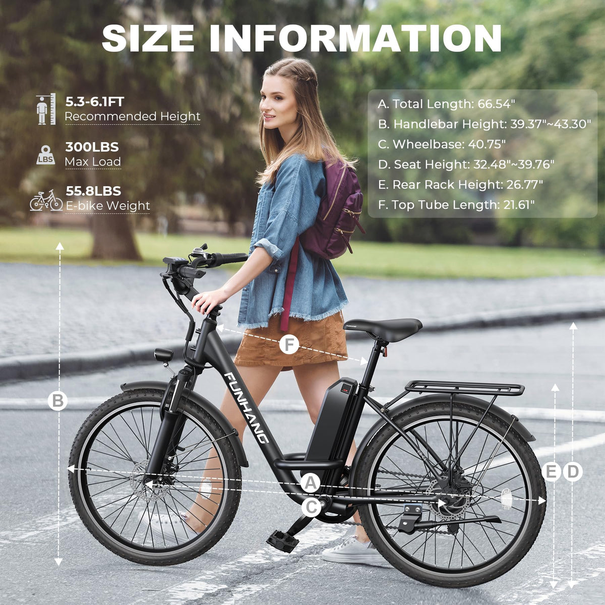 Funhang Electric Bike for Adults, 26" 1000W Peak City Cruiser Ebike, 21.7MPH 50 Miles Commuter Electric Bicycle with 48V 374.4WH Removable Li-ion Battery, Adjustable Stem, Rear Rack, Fenders, 7-Speed