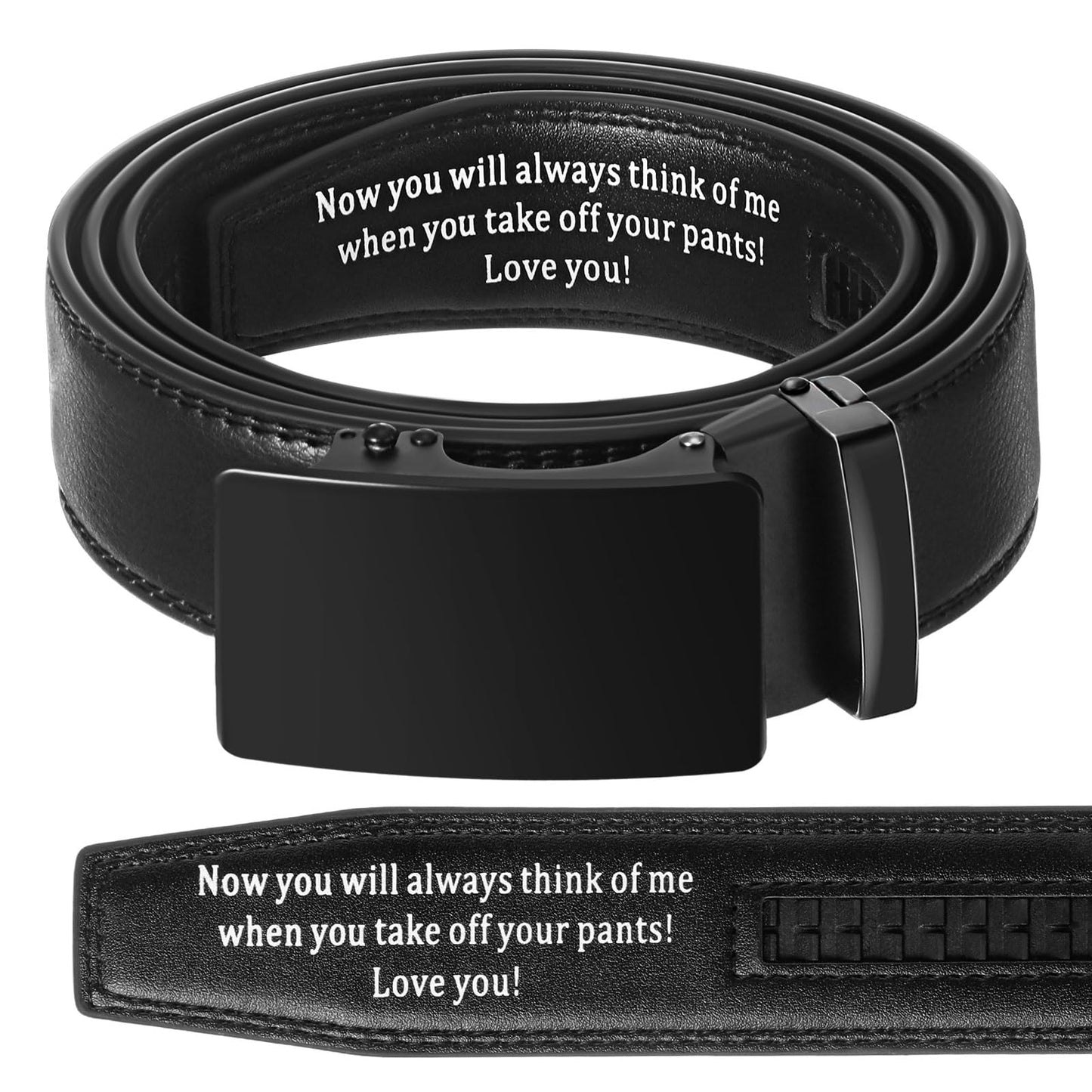 Bunnycool Engraved Mens Ratchet Belt Leather Slide Personalized Belt for Men with Buckle for Husband Birthday Wedding Gift(32-38inch,Regular Style,Black)