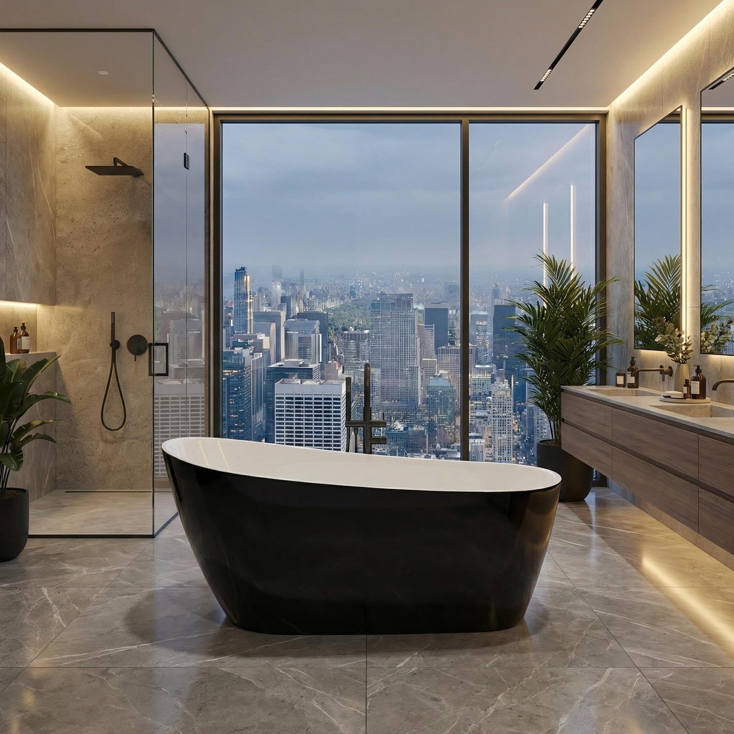 67 Inch Freestanding Bathtub, Acrylic Free Standing Bath Tub with Chrome Drain Kit, Deep Soaking Stand Alone Tub for Adults, Modern Bathroom Tub, Black Exterior, White Interior