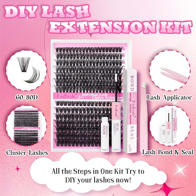 FADLASH Eyelash Extension Kit Lash Clusters D Curl Mix Tray Thin Band DIY Lash Extension Kit with Lash Bond and Seal Lash Tweezers Eyelash Applicator Tool Individual Lashes(60D+80D Kit,07D-10-18mm)