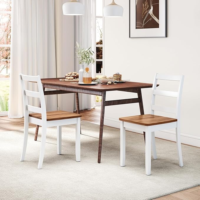 Giantex Dining Chairs, Wooden Armless Kitchen Chairs with Solid Rubber Wood Legs, Farmhouse Ladder Back Dining Chairs for Dining Room (2, White+Brown)