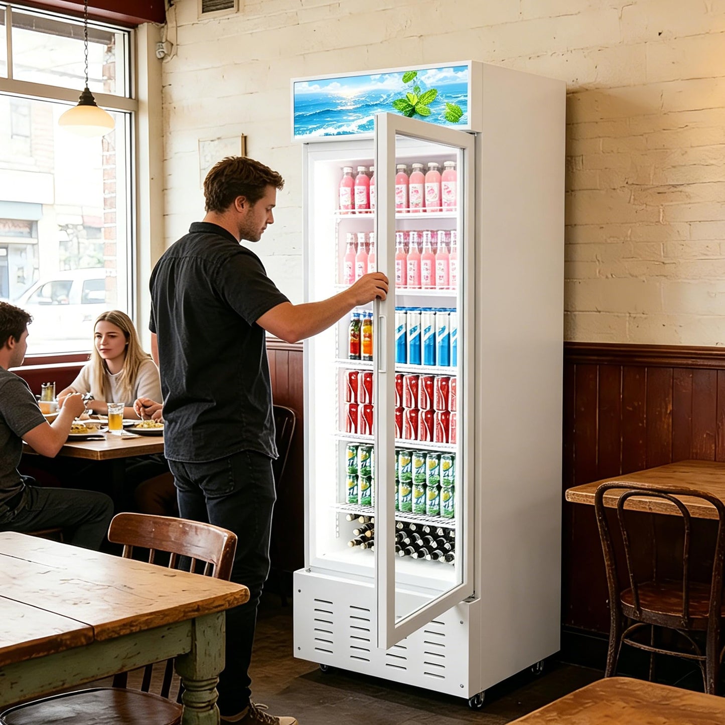 Frostvale 15 Cu.Ft Commercial Display Refrigerator, White Single Glass Door Beverage Cooler with Lighted Header, ETL Upright Merchandiser Fridge for Drinks, Soda, Beer, Cafe, Store, Bar