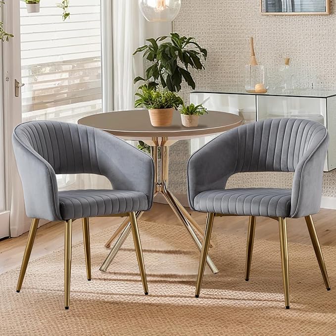 COMULER Grey Velvet Dining Chairs Gold Legs, Modern Dining Room Chairs with Arms Set of 2 Upholstered Accent Chair Armchair with Barrel Back for Kitchen Living Room
