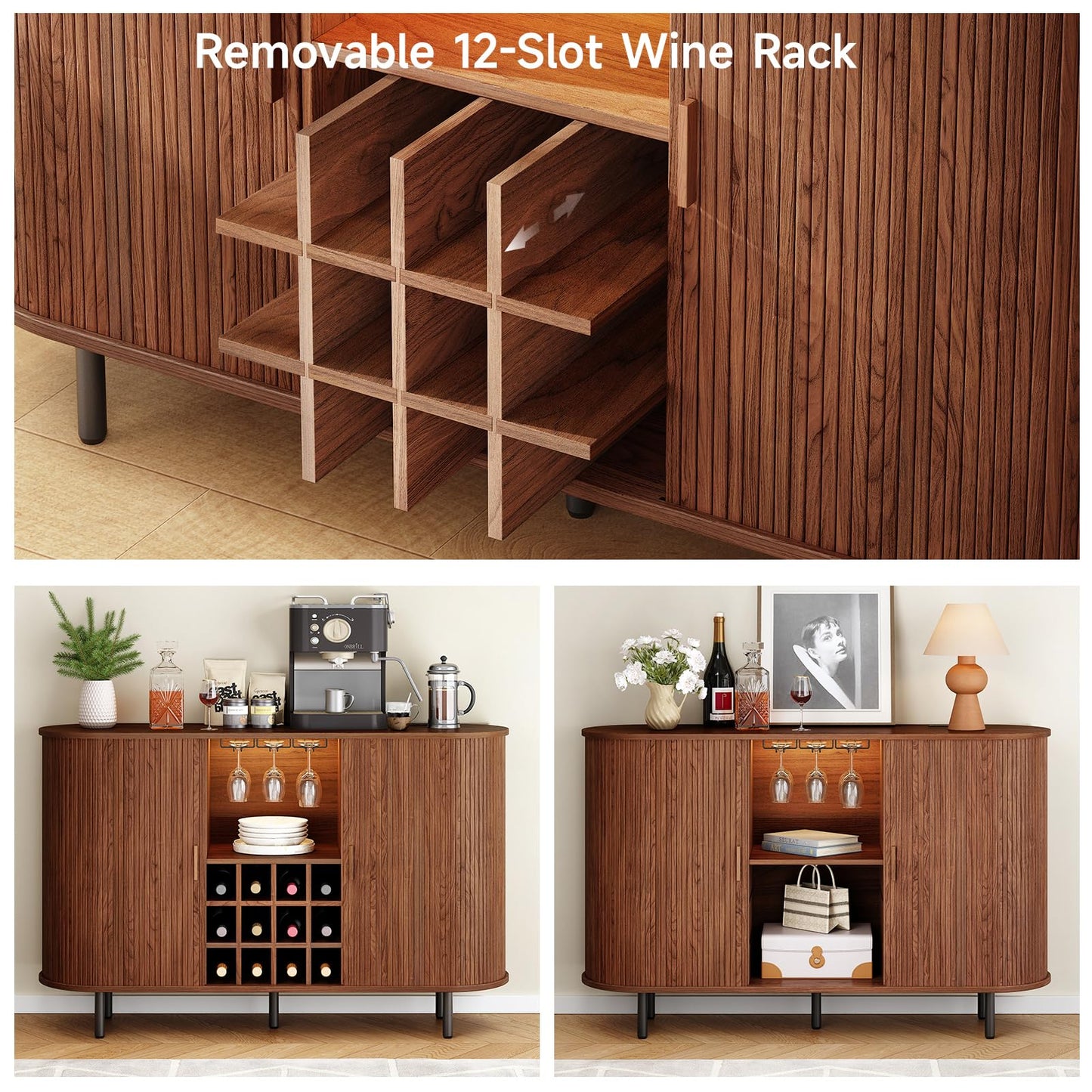 ONBRILL 55" Wine Bar Cabinet with LED Light,Modern Liquor Whiskey Coffee Station with Wine Rack and Glass Holder, Farmhouse Buffet Sideboard with Storage for Living Room, Kitchen, Entryway (Walnut)