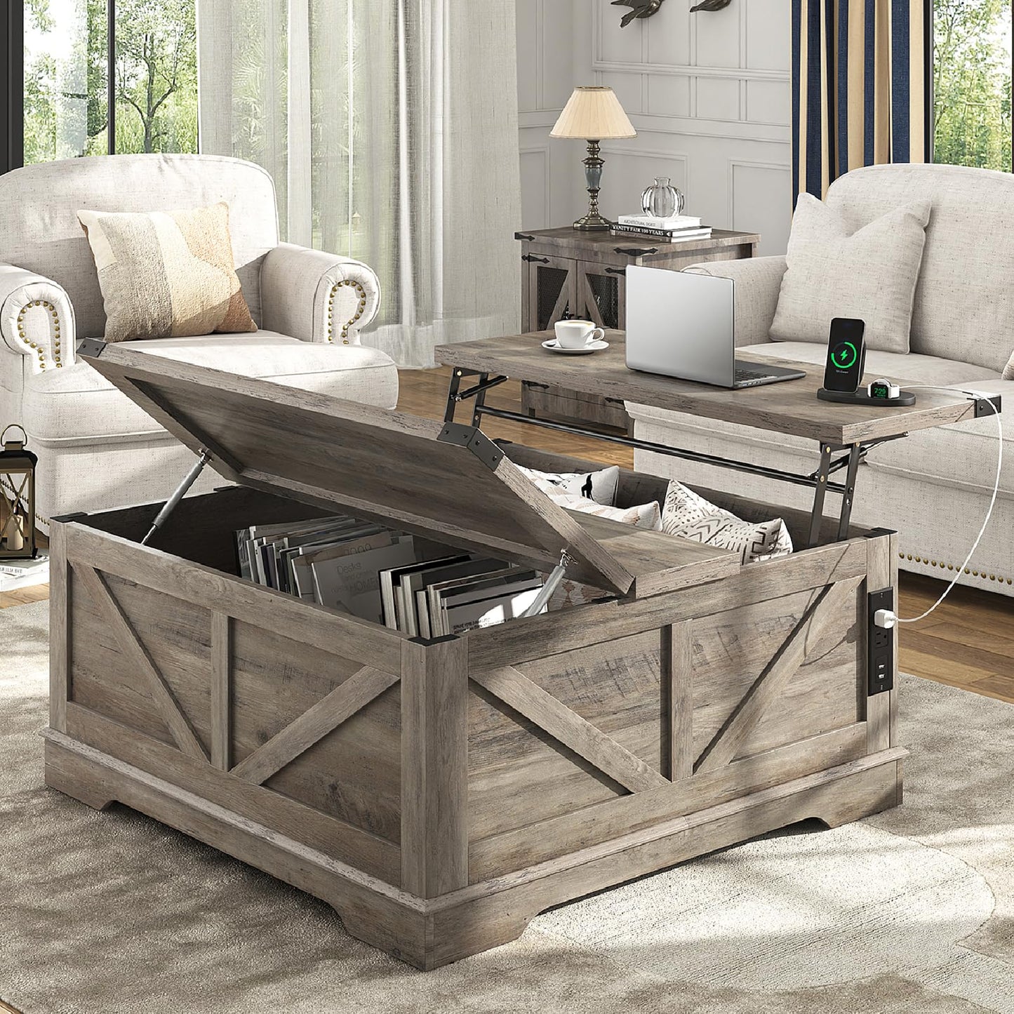 Hlivelood 40” Large Farmhouse Lift Top Coffee Table with Power Outlets and Large Hidden Storage, Square Wood Living Room Tables, Multi-Function Lift Wooden Barn Door Center Table, Grey
