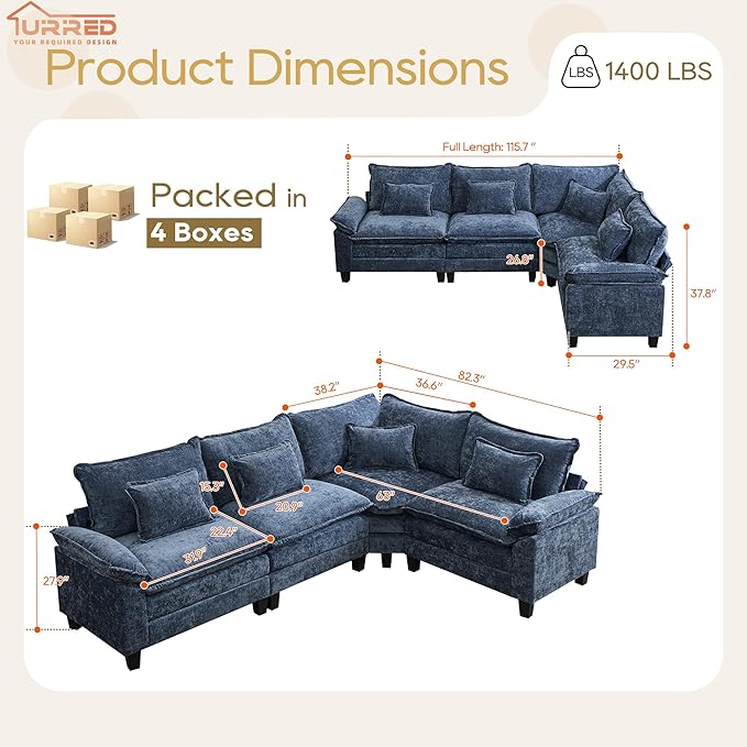 URRED Cloud Couch Modular Sectional Sofa, 116" Modern L Shaped Deep Seat Sofa with Pillows, Ultra Comfy Chenille Corner Couches for Living Room, Bedroom or Apartment, Blue