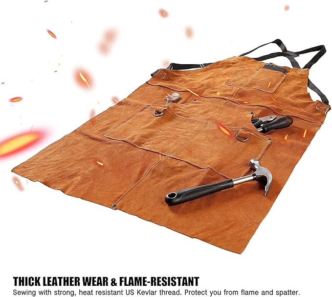 QeeLink Leather Welding Apron with 6 Pockets - Heat & Flame-Resistant Apron, 24'' X 42'', Adjustable M to XXXL