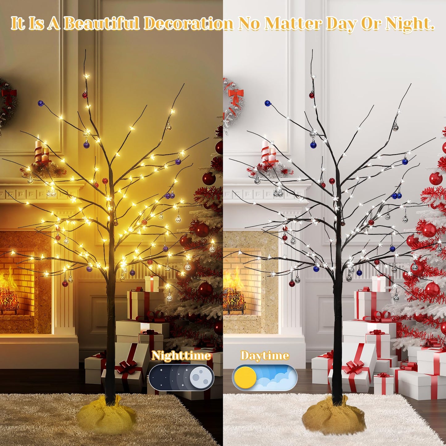 Lighted Birch Tree Set of 3, 4FT 5FT 6FT 200 LED Christmas Birch Tree with Decor Balls for Indoor Outdoor Home Christmas Easter Holiday Decoration
