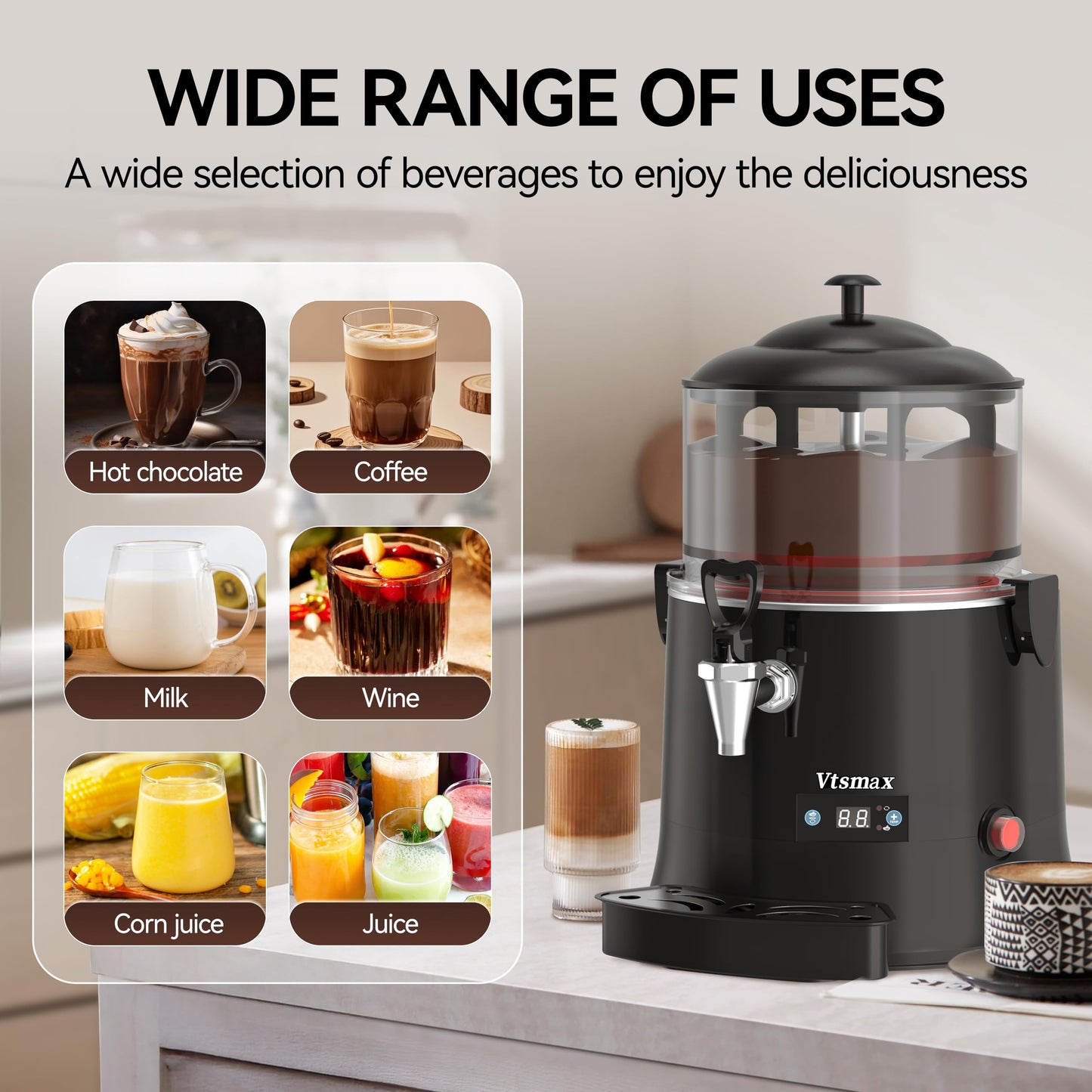 Vtsmax 5L/1.3Gal Commercial Hot Chocolate Machine Hot Drink Dispenser, 86-194°F Intelligent Temperature Control Hot Beverage Maker for Chocolate, Cocoa, Milk, Coffee, Juice, Black