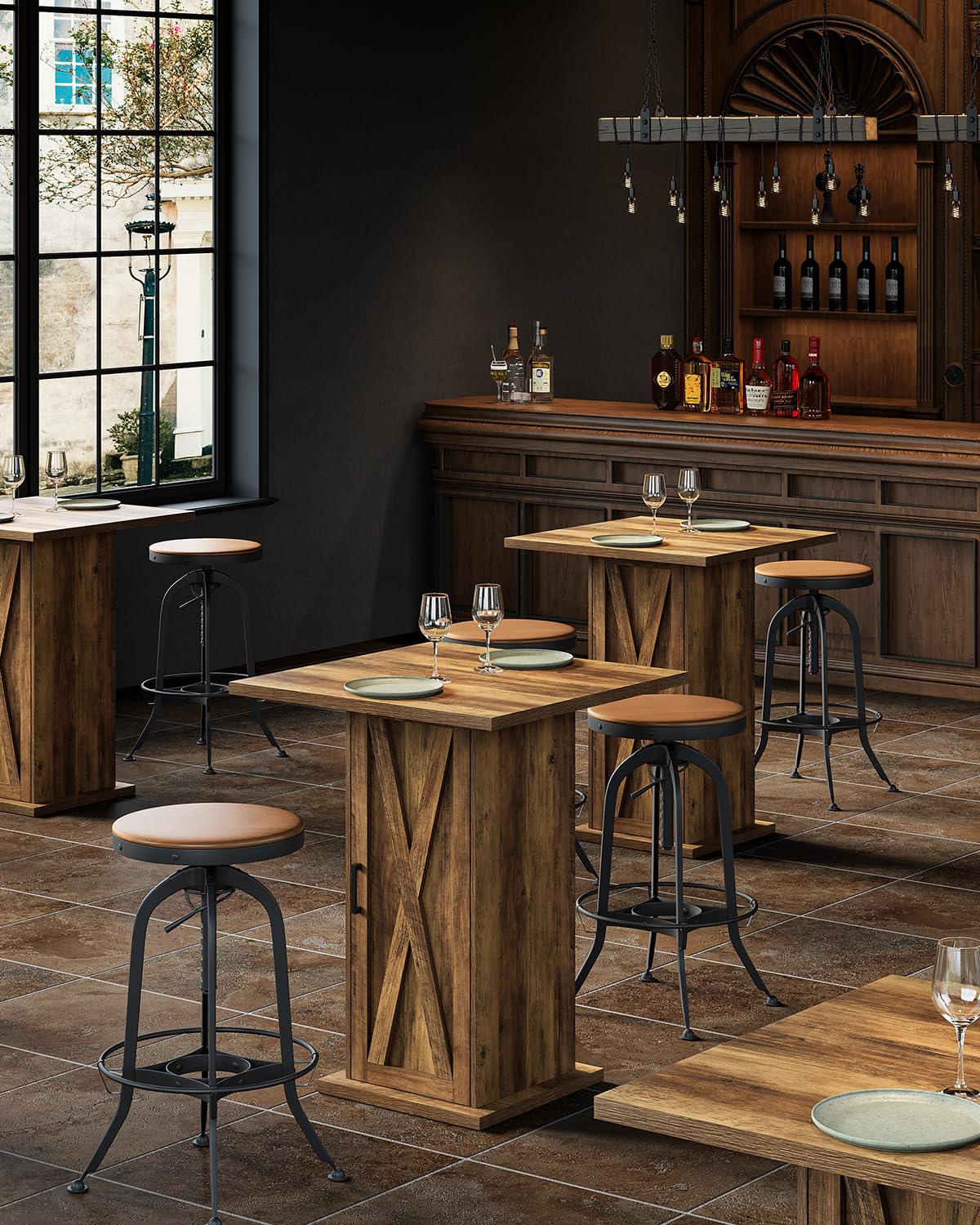 LITTLE TREE Bar Table with Storage Cabinet, 39.4" H Square High Top Pub Table, Wood Bistro Cocktail Table, Farmhouse Design with 3-Tier Cabinet for Pub, Bistro, Bar, Coffee, Dining Rustic Brown